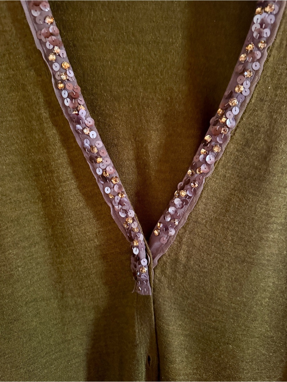 LOFT Olive Green Beaded Trim V-Neck Cardigan - Picture 2 of 6
